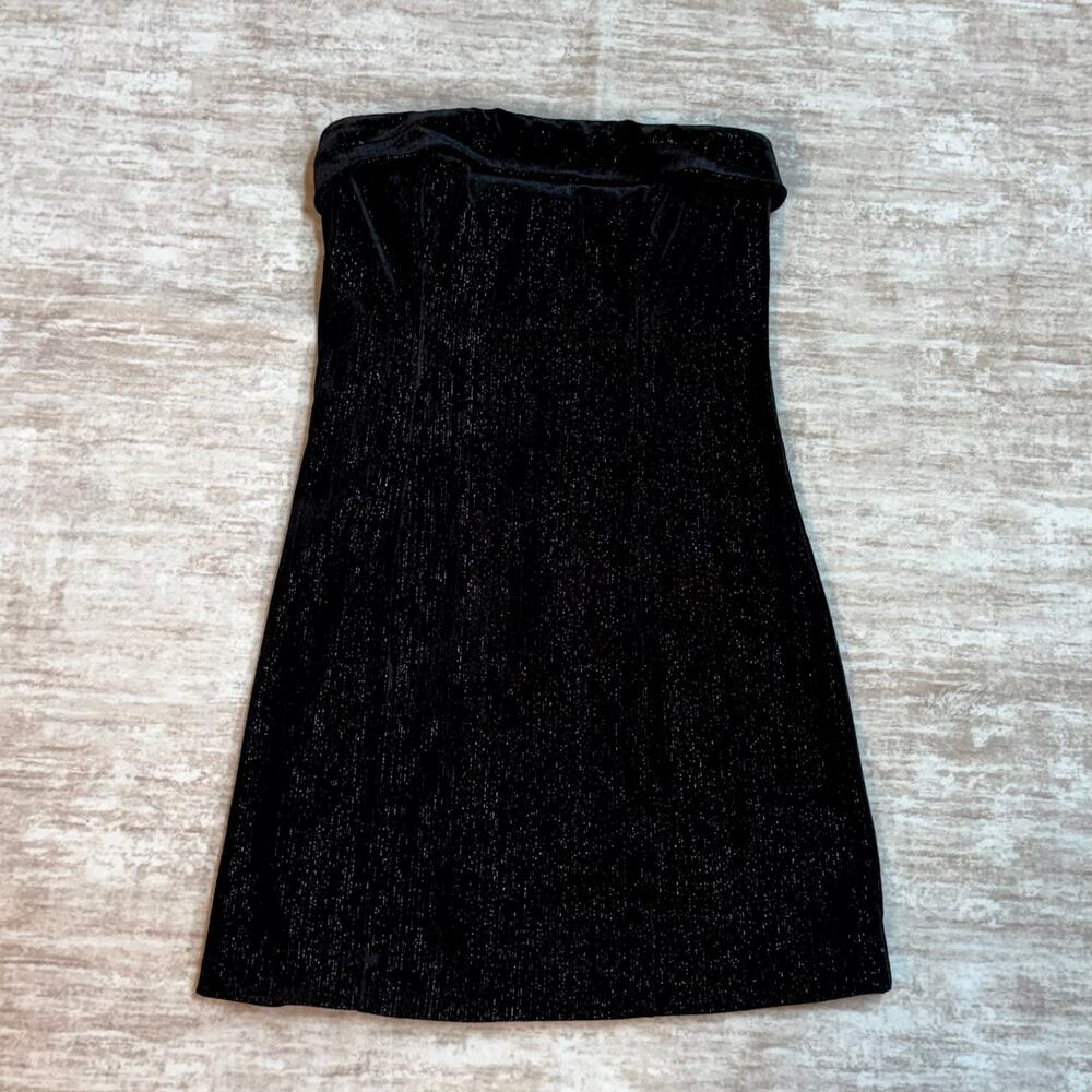 Urban Social Women’s XS Black Silver Metallic Velvet Strapless Midi Dress Retro